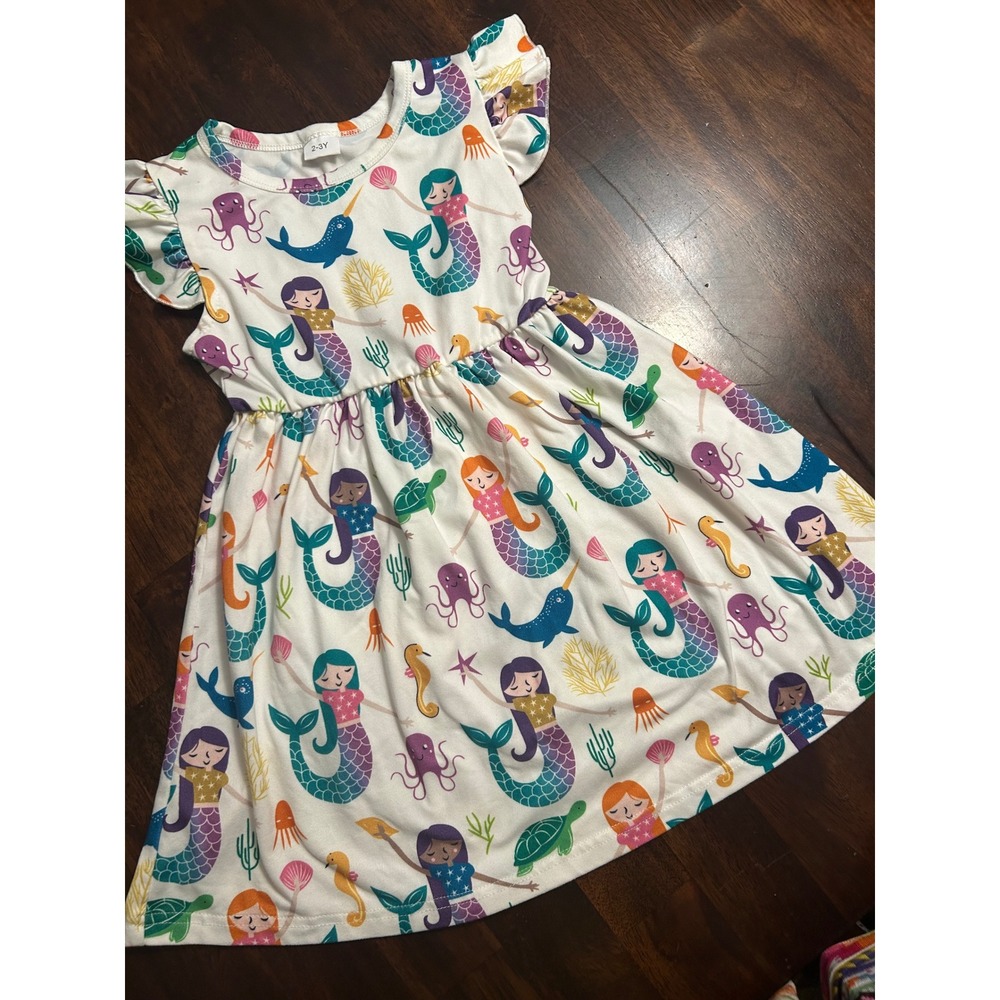 Girls Mermaid Sea Creature Print Flutter Sleeve Dress‎ White 2-3Y k7146